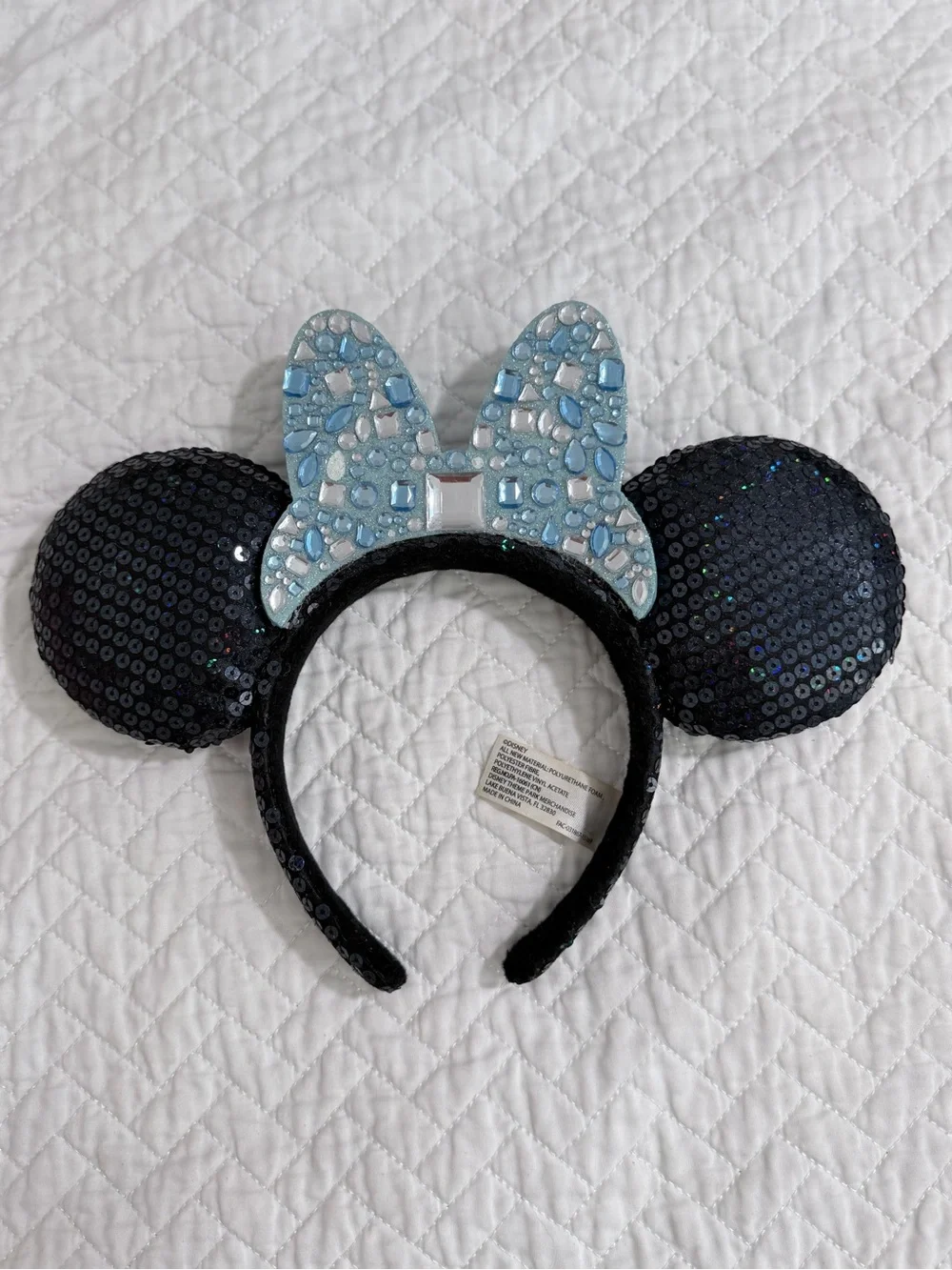 Disney Parks Black Sequin Minnie Ears Blue Jeweled Bow Headband Signed